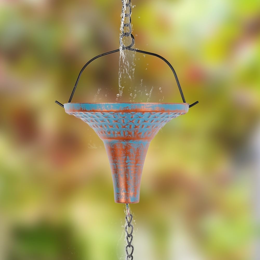 10 Ft Rain Chains for Gutters, Metal Rain Catcher Chain for Eaves Drainage, Rain Gutter Chains with 10 Blue Funnel Cups, Adjustable Rain Chain for Outdoor Decor