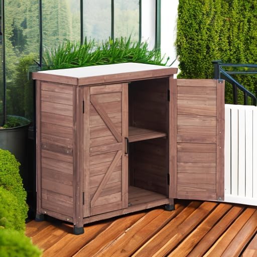 Outdoor Storage Cabinet & Potting Bench Table with Metal Top, Wooden Patio Furniture, Garden Workstation (Royal Brown, 36x31x17in)
