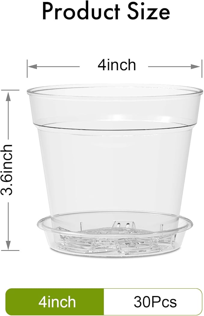 4 Inch Clear Nursery Pots, Set of 30 Transparent Plant Flower Pots for Small Indoor Plants with Drainage Holes & Trays, Plastic Seedling Starter Pots for Various Plants