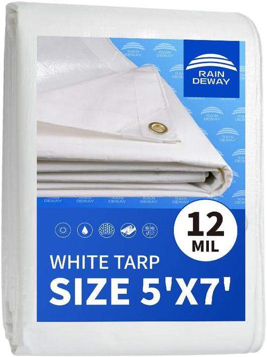 12 Mil Heavy Duty White Tarps 5' X 7', Extra Thick,Durable,Waterproof, UV Resistant, Weatherproof Poly Tarp,with Metal Grommets and Reinforced Edge (Finished Size)-by Raindeway