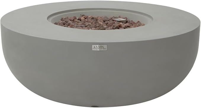AMS Creations | Eclipse 44" Round Cast Concrete Natural Gas Fire Pit Bowl Table | Light Gray | Smooth Texture Surface | Electronic Ignition | Outdoor Patio Heater Outside Backyard Fireplace