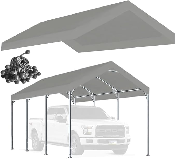 Rutile 12 x 20 FT Carport Replacement Cover, Heavy Duty Car Tarp Canopy Tent Replacement Top w/Ball Bungees Gray (Only Top Cover, Frame is not Included)