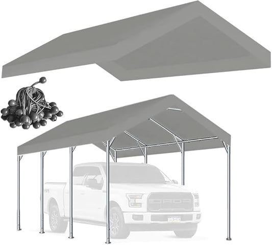 Rutile 12 x 20 FT Carport Replacement Cover, Heavy Duty Car Tarp Canopy Tent Replacement Top w/Ball Bungees Gray (Only Top Cover, Frame is not Included)