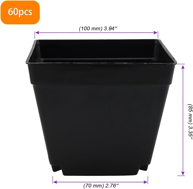 JOIKIT 60 Pack 4 Inch Black Square Nursery Pot, Plastic Square Plant Pot with Drainage Hole, Seedling Nursery Transplant Planter for Indoor, Outdoor, Garden, Office, Balcony