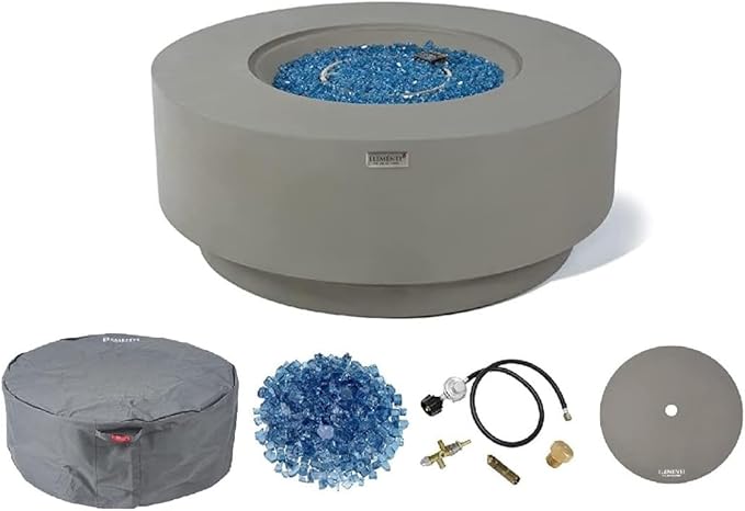 Elementi+ | Colosseo Gas Fire Pit Cast Concrete 40" Dia. Round Fire Table, Outdoor Fire Pit Electronic Ignition | Canvas Cover, Fire Glass and Burner Lid Included | Light Gray | Propane Gas