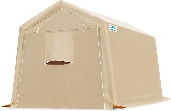 ADVANCE OUTDOOR 8X14 ft Steel Metal Peak Roof Portable Garage Shelter Storage Shed Carport for Motorcycle Bike or Garden Tools with 2 Roll up Doors & Vents, Beige