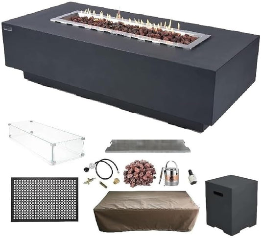 Elementi Granville Gas Fire Pit Bundle Concrete Fire Table, Outdoor Fire Pit Electronic Ignition | Canvas Cover, Lava Rock Included | Free AMS Wind Guard | Dark Gray (Propane Gas)