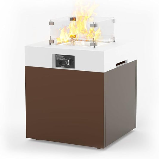 MBY 22" Aluminum Fire Pit Table, 37,000 BTU Gas Firepit for Outdoor Patio Deck and Garden, CSA Certified Fire Pit with Lid, Waterproof Cover, Glass Wind Guard and Glass Stone, Brown