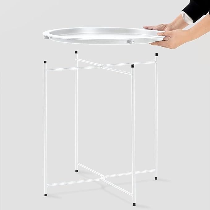 Garden 4 you End Table Metal Side Table Round Folding Tray Cyan Sofa Small Accent Fold-able Table, Round End Table Tray, Next to Sofa Table, Snack Table for Living Room and Bed Room,White