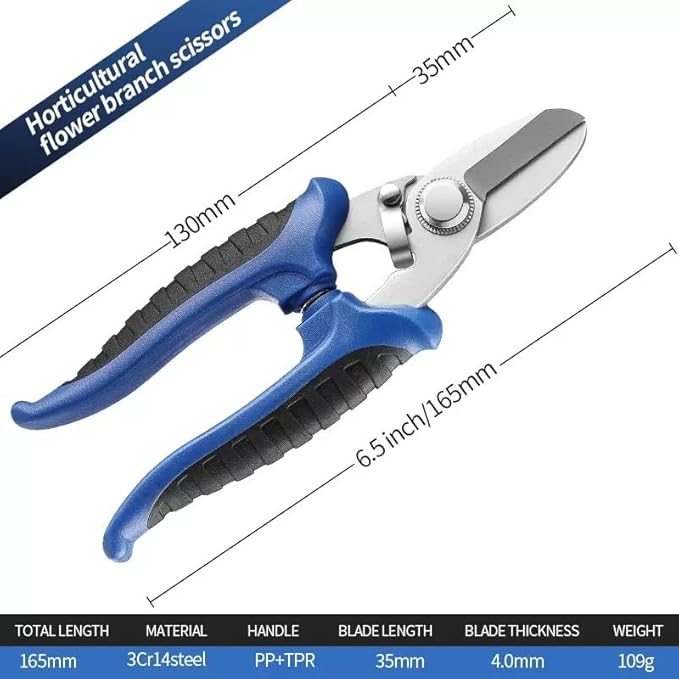 Professional Garden Scissors, 6.5 Inch Heavy Duty Pruning Shears, Blue and Black Comfort Grip