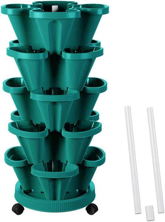 Strawberry Vertical Planters Tower Garden, 5 Tiered Stacking Planter with Support Pole, Stackable Herb Vegetable Planters Indoor and Outdoor - Hunter Green
