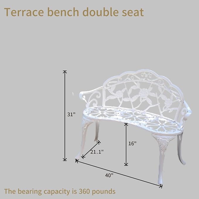 KAILI Garden Bench, Metal Aluminum Rose, Suitable for Garden Porch Park Front Porch Balcony Outdoor (White)