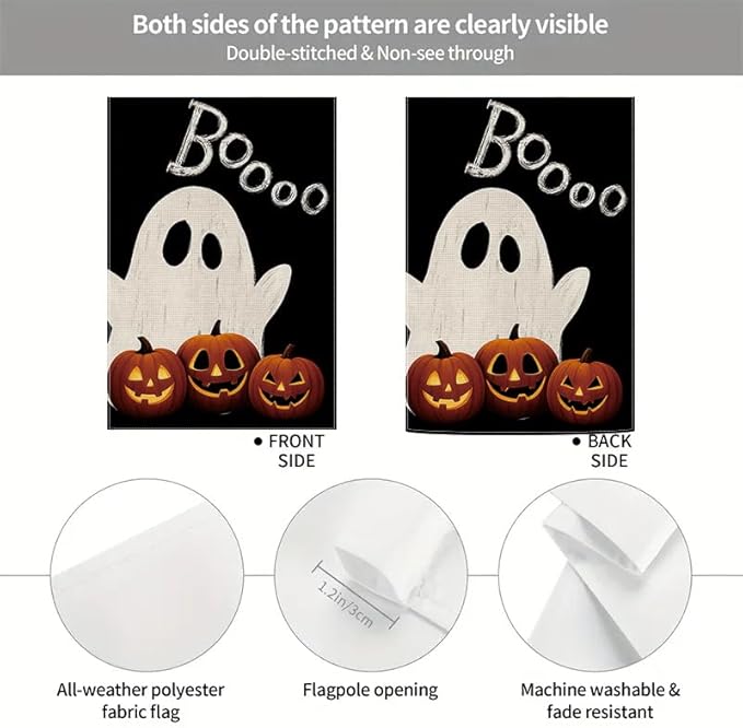 Halloween Garden Flag 12x18 Inch Double Sided, Boo Ghost Pumpkin Yard flag, Spooky Outdoor Halloween Party Decoration for Porch, Patio, Lawn, Garden, Indoor & Outdoor Décor