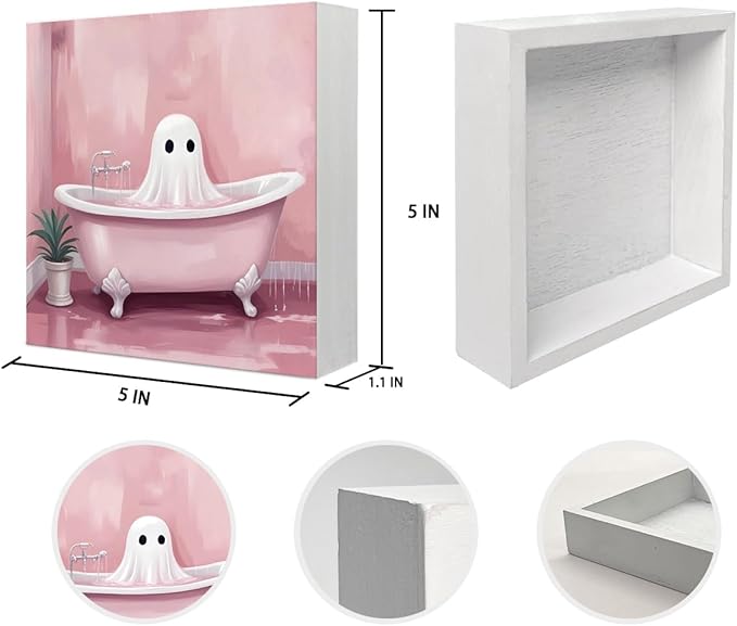 Mtrgdn Cute Halloween Decor,Halloween Decorations Indoor,Pink Ghost Bathroom Decor Wooden Box Sign,Halloween Home Office Kitchen Bathroom Bedroom Desk Table Shelf Wall Decorations,5x5 Inch