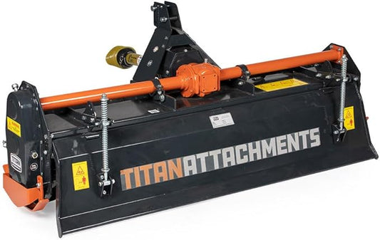 Titan Attachments 3 Point 72" Rotary Tiller Attachment Fits Cat 1 Tractors, Charcoal Finish, Single Speed PTO Driven Cultivator with a 540 RPM Gearbox, Replaceable L-Shaped Tines Work 5" Deep