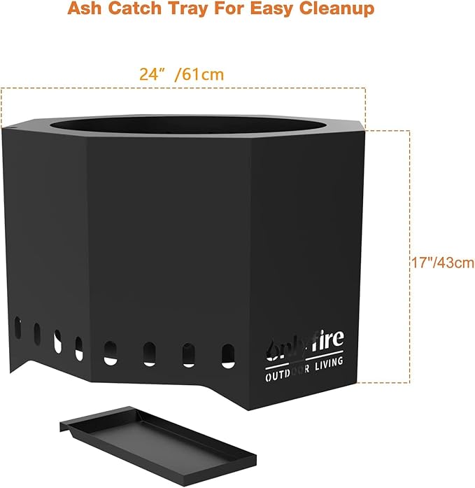 ONLYFIRE OUTDOOR LIVING Fire Pit with Ash Pan, 24" Portable Bonfire Firepit for Camping Tailgating Patio Backyard Party Outside, Smokeless Wood Fire Fireplace, Modern Black FP013