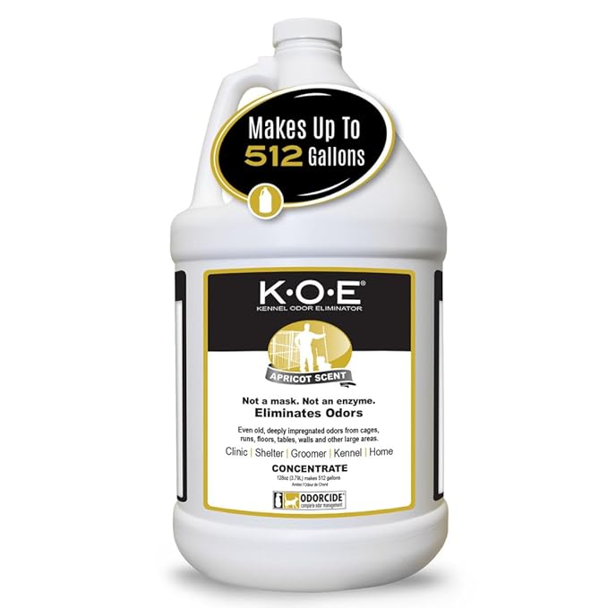 Odorcide K.O.E. Apricot Odor Eliminator Concentrate for Strong Odor for Cages, Runs & More – Home & Kennel w/Safe, Non-Enzymatic Formula - 128 oz