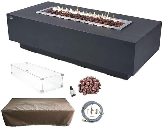 Elementi Granville Gas Fire Pit Cast Concrete Fire Table, Outdoor Fire Pit Electronic Ignition | Canvas Cover, Lava Rock Included | Free AMS Wind Guard | Dark Gray (Natural Gas)