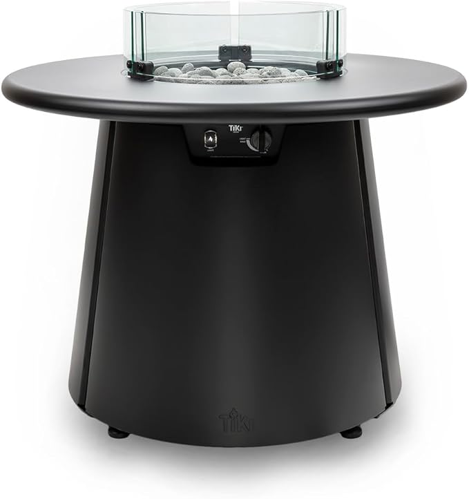 TIKI Customizable Propane Fire Pit with Glass Surround and Tabletop, 40,000 BTU 28.5" Outdoor Gas Fire Pit Table, Includes Round Tabletop Attachment, Tabletop Insert and Lava Rocks, Black