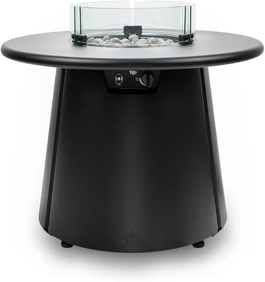 TIKI Customizable Propane Fire Pit with Glass Surround and Tabletop, 40,000 BTU 28.5" Outdoor Gas Fire Pit Table, Includes Round Tabletop Attachment, Tabletop Insert and Lava Rocks, Black