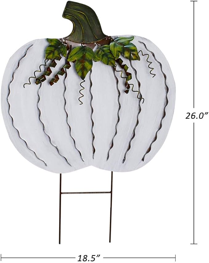 Morning View Pumpkin Garden Stakes Metal Yard Sign Fall Decor Outdoor Autumn Yard Stake Art Pumpkin Lawn Ornaments for Patio Porch Thanksgiving Halloween Harvest 30 Inches Tall Set of 2(White)