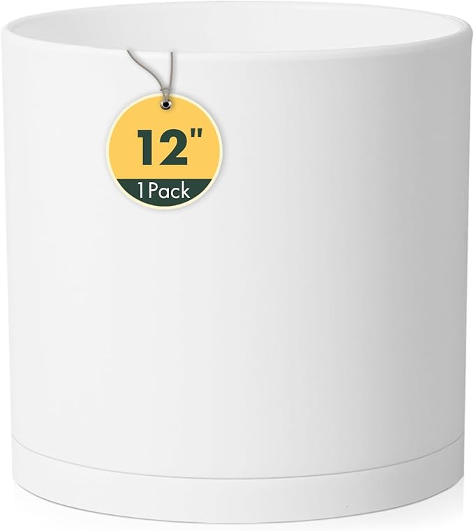 Cylinder 12 inch Plant Pots, Mordern Plastic Planters with Drainage Holes and Saucers for Indoor Outdoor Plants Flowers, White