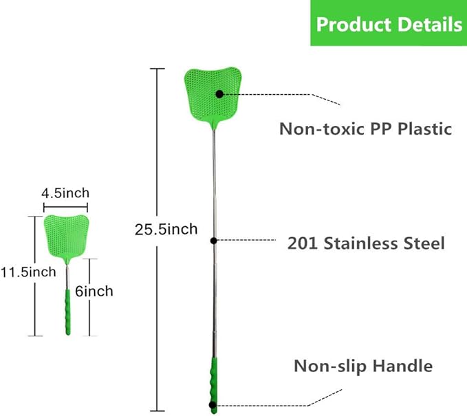 foxany Fly Swatters Extendable, Durable Plastic Fly Swatter Heavy Duty Set, Telescopic Flyswatter with Stainless Steel Handle for Indoor/Classroom/Office (3 Pack)