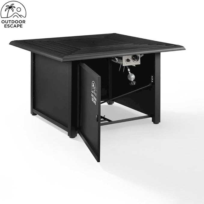 Black Fire Pit Table with Slatted Top and Covers – Propane Backyard Fireplace with Glass Beads and Tank Storage for Patio Furniture Use