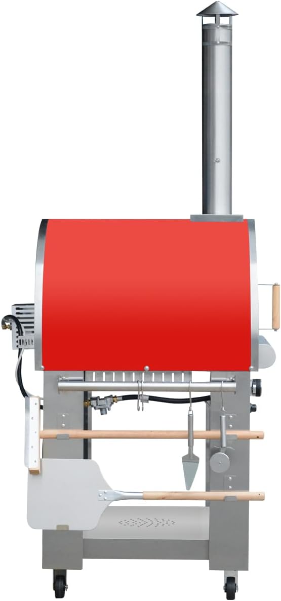 32.5 inch Propane Gas and Wood Fired Pizza Oven with Waterproof Cover, Large Stainless Steel Pizza Oven for Outdoor, Backyard and Party (Red)