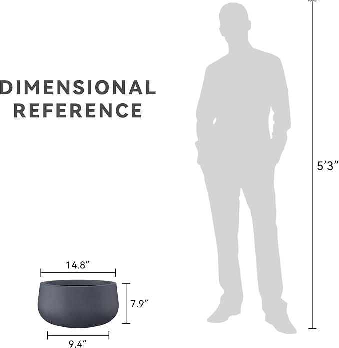 Kante 15.7" Dia Round Concrete Planter, Outdoor Indoor Garden Plant Pots with Drainage Hole and Rubber Plug, Modern Curvaceous Design, Charcoal