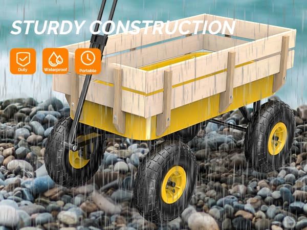 VINGLI Steel Garden Wagon Cart on Wheels, 330lb Load Capacity, Removable Heavy Duty Wooden Side Panels, with Extendable Handle and 10inch All-Terrain Tires, Wheelbarrow for Yard Landscaping (Yellow)
