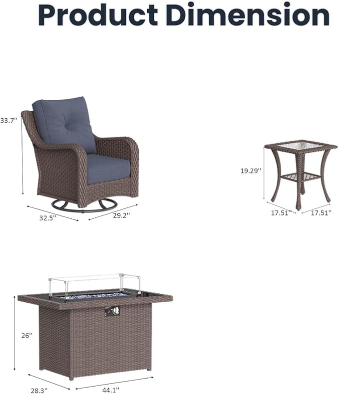 7 Pieces Outdoor Patio Furniture Sets with Rocking Swivel Chairs with 6-inch Thick Cushion and Fire Pit Table for Deck Lawn