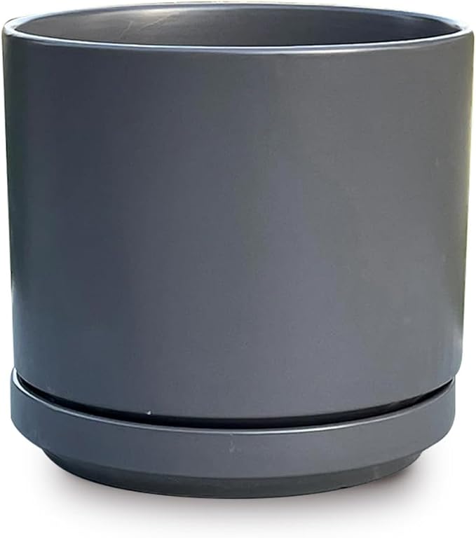 Mid Modern Planter with Detached Saucer (Jet Grey,14.0" D x 12.0" H)