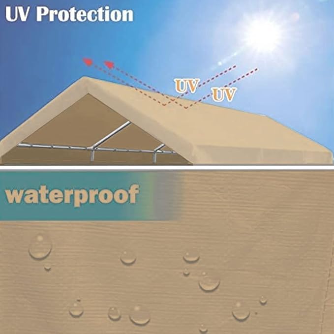 12'x20' Upgraded Carport Replacement Top Canopy Cover for Car Garage Shelter Tent Party Tent with Ball Bungees Beige (Only Top Cover, Frame is not Included)