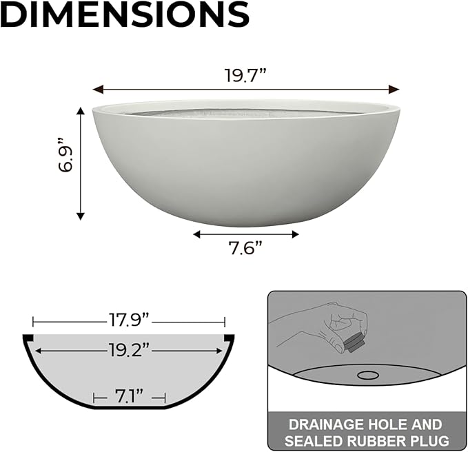 6.9"H x 19.7"D Round Bowl Fiberstone Planter for Succulent and Lotus, Drainage Hole, Weather Resistant for Indoor and Outdoor Use, Included 2 Extra Coco Mats (Light Gray, 17.9" Pot Opening)