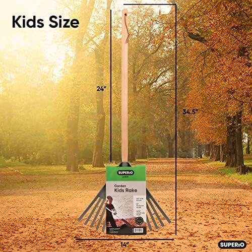 Superio Kids Rake with Hardwood Handle, Durable Plastic Head to Sweep Leaves in Lawn and Tidying Up The Garden, 34" (Kid Size, Grey, 1-Pack)