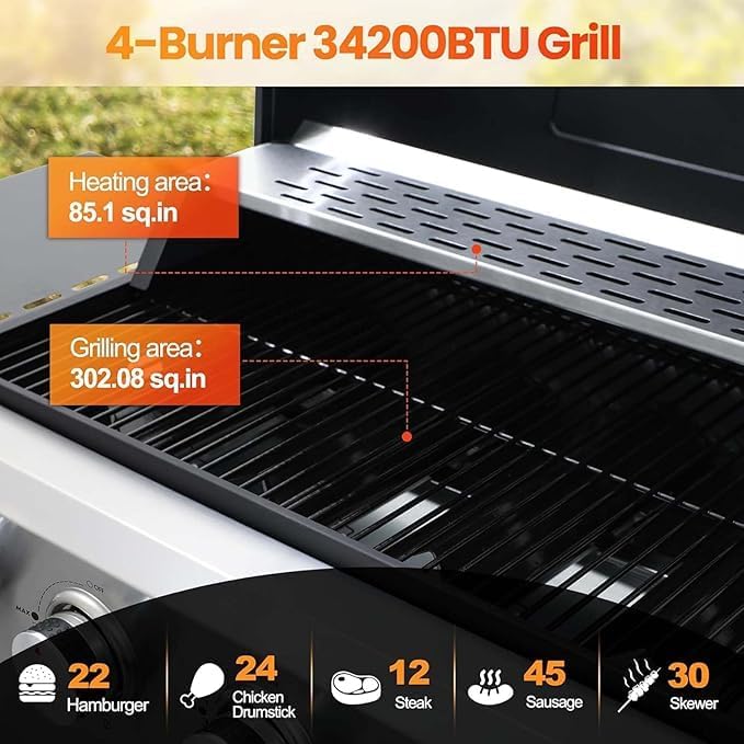 4-Burner Propane Gas Grill, 34,200 BTU Outdoor BBQ Grill with Stainless Steel Warming Rack & Enameled Cooking Grids – Foldable Side Tables, Built-in Thermometer, Hanging Basket – Heavy-Duty 6" Wheels