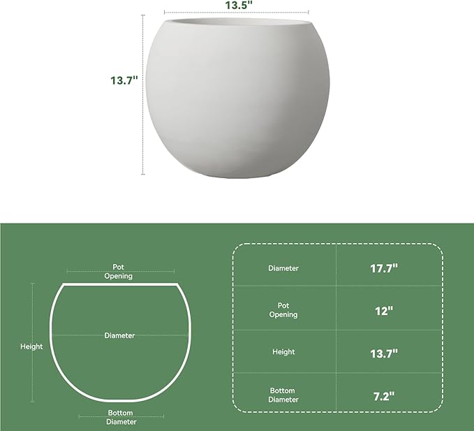 YOLENY 17.7'' Dia Large Round Planter with Drainage Hole, Sphere Planter Outdoor Indoor Plant Flower Pot with Rubber Plug for Garden Patio Balcony Home, White