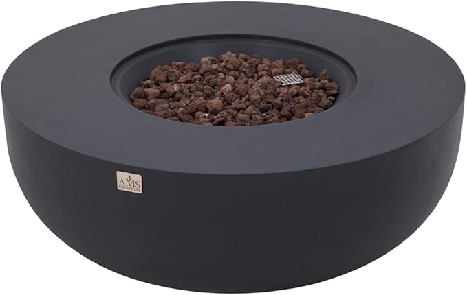 AMS Creations | Eclipse 44" Round Cast Concrete Propane Gas Fire Pit Bowl Table | Dark Gray | Smooth Texture Surface | Electronic Ignition | Outdoor Patio Heater Outside Backyard Fireplace