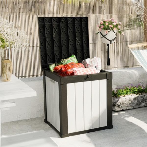 ROJIK 50 Gallon Outdoor Storage Housing Deck Box,Waterproof Patio Furniture, Garden Tools, Cushions, Pool Accessories Storage Bench with Lockable Lid and Side Handles(Black&White)