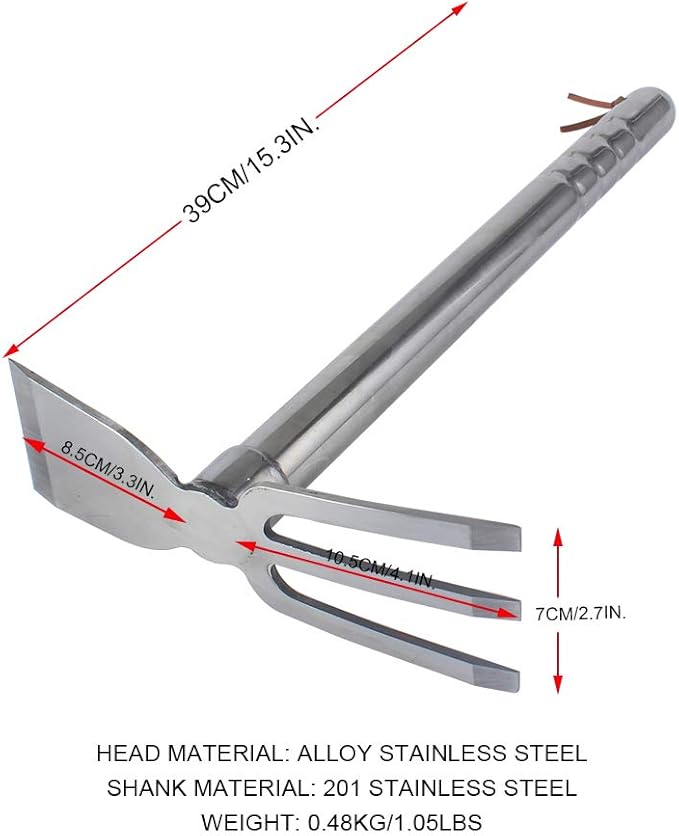 Stainless Steel Garden Hoe Rake Hand Tool, 15" Metal Hand Hoe & 3 Prong Cultivator Dual Headed Gardening Tool for Weeding, Digging, Seeding Multipurpose