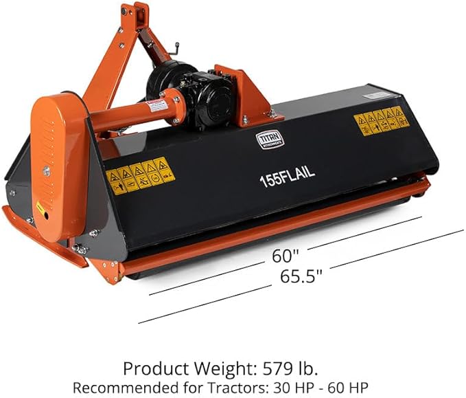 Titan Attachments 3 Point 60" Flail Mower with Replaceable Forged Hammer Blades, PTO Powered 30-60HP Mowing Attachment for Category 1 Tractors and Loaders, Mulch up to 3" Diameter Wood