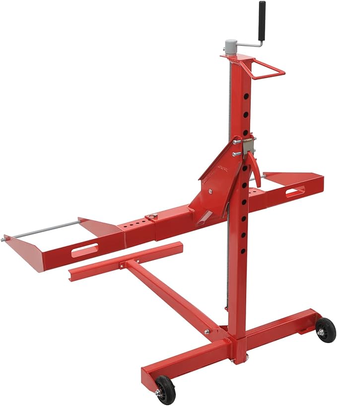 Riding Lawn Mower Lift 750lb Capacity Adjustable Wheel Span Solid Carbon Steel Lawn Mower Lift with 2 Wheels Lawn Mower Lift for Tractors and Zero Turn Lawn Mowers (Red)