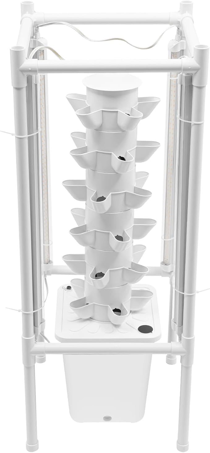 Hydroponics Growing System Kit, 6 Layers 30 Holes Indoor Gardening System Vertical Planter Germination Kit w/Water Pump, Hydroponic Natural Balanced Tower System for Chilies, Mint (White)