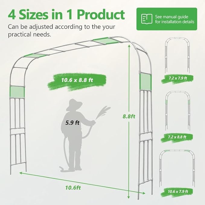 SHANTRA Garden Arch Trellis, 126’’ L x 94.5’’ H Adjustable Garden Arbor Trellis for Climbing Plants Outdoor, Large Wedding Arch for Ceremony, Party, and Lawn Decoration, White