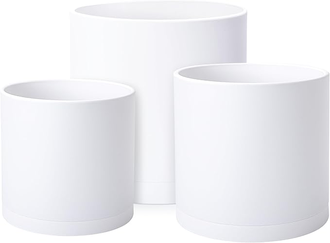 D'vine Dev 12 Inch 14 Inch 16 Inch, Set of 3 Plastic Planter Pots for Plants with Drainage Hole and Seamless Saucers, White Color, XXX-Large, 74-V-A-7