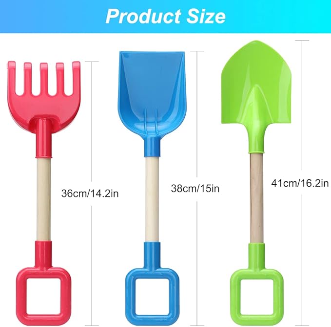 Jumbo Beach Shovels Rake Spade Toys Set for Kids, 16" Long Wooden Handle ABS Plastic Sand Scoop, Planting Summer Winter Gift for Mud Sand Snow Digging, Backyard Gardening Tool Accessories, 3 Pack