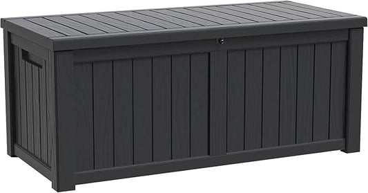 Modern-Depo 120 Gallon PP Deck Box Waterproof Outdoor Storage Box with Lockable Lid, Bench Organization Container for Patio Furniture Cushions, Garden Tools, Pool Supplies, Black