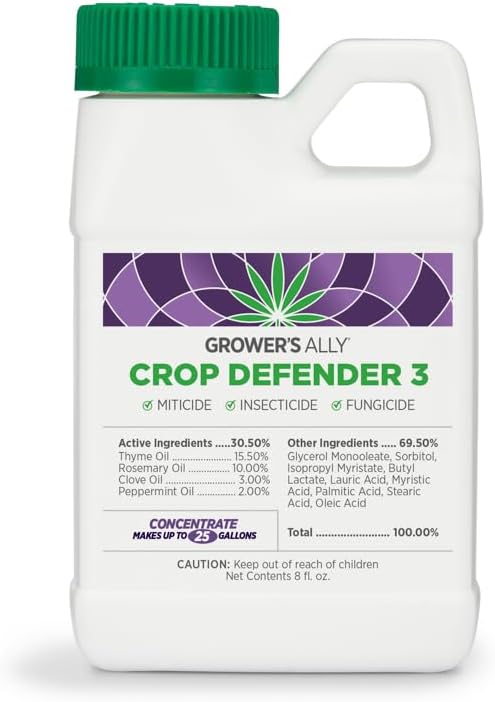 Grower's Ally Crop Defender 3 Concentrate 8 oz | Natural, Safe & Organic Insecticide & Fungicide Control for Plants - Powdery Mildew, Spider Mites & Russet Mite Killer – Makes 25 Gallons
