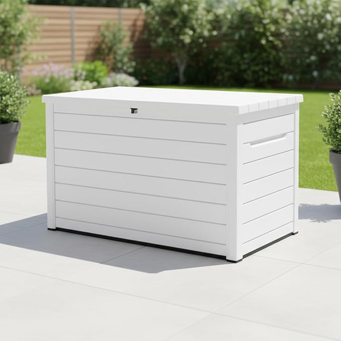 230 Gallon Deck Storage Box Outdoor Patio Container – Weather-Resistant, Lockable Outdoor Storage Solution for Patio, Garden, and Poolside (White)